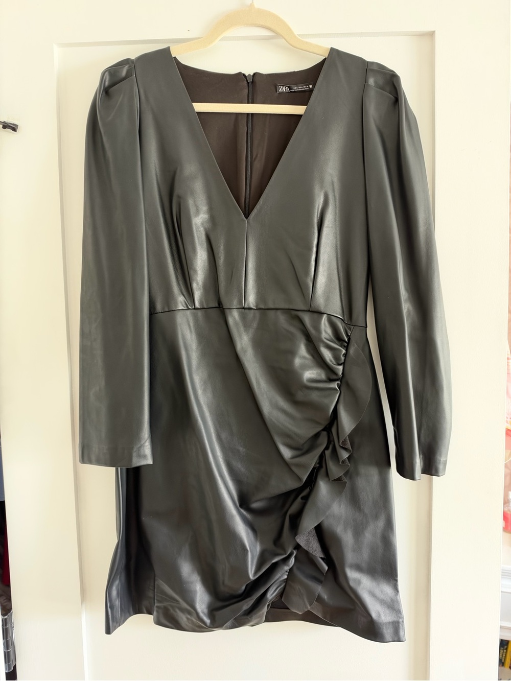 Zara Black Faux Leather Long Sleeve V-Neck Dress